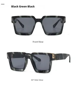 Détails de lunettes de soleil carrées marbrées avec charnières dorées rétro