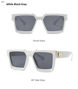 Vues détaillées de lunettes de soleil carrées blanches avec verres foncés et charnières dorées