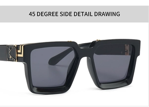 Détail de lunettes de soleil carrées noires avec garnitures métalliques dorées