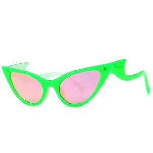 Modern cat-eye sunglasses with green frames and wavy temples shown at a 45-degree angle