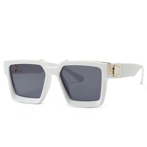 Lunettes de soleil carrées blanches classiques avec charnières dorées et verres gris