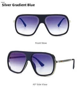 Dettagli macro di occhiali da sole oversize argento con lenti sfumate blu e metallo