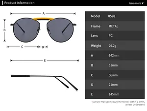 Spécifications de taille détaillées et mesures techniques pour lunettes de soleil en métal