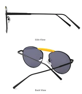 Vues de côté et de dos de lunettes de soleil rétro avec monture noire et pont jaune vif
