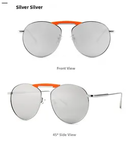 Lunettes de soleil rondes en métal argenté avec pont orange et verres miroirs sous deux angles