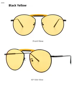 Vues de face et de profil à 45 degrés de lunettes rétro en métal et verres jaunes