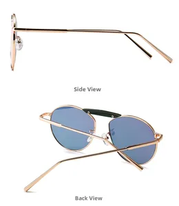 Vues détaillées latérale et arrière de lunettes de soleil rose doré à verres bleus