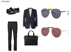 Vue à plat du costume homme rayé bleu marine avec mocassins, mallette et lunettes aviateur