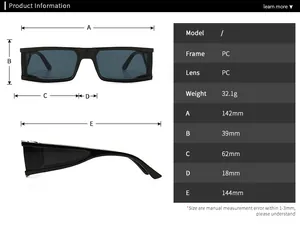 Size guide for square frame sunglasses with frame width and arm length specifications
