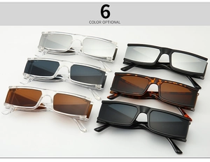 Selection of retro square sunglasses in six colors with clear and tortoiseshell frames