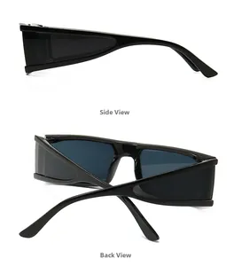 Side and back views of black square sunglasses with wrap-around frames and dark lenses