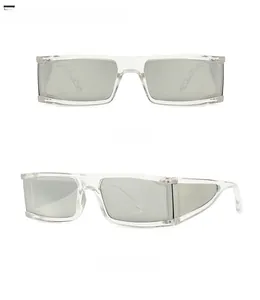 Front and side view of trendy rectangular sunglasses with silver mirror lenses