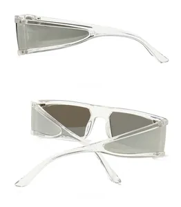 Side and back view of square oversized sunglasses with clear gray frame and dark lenses