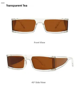 Front and 45-degree angle views of transparent rectangle sunglasses with tea lenses