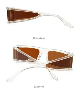 Side and back view of rectangular sunglasses with transparent frames and brown lenses
