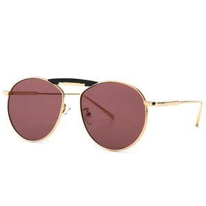 Lunettes de soleil rétro rondes en métal doré avec double pont et verres violet foncé