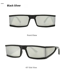 Front and 45-degree angle views of square black sunglasses with silver mirror lenses