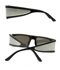 Side and back view of futuristic square wrap sunglasses with silver mirrored lenses