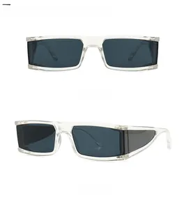 Detail of square frame sunglasses in lucency black gray with wide arms and resin lenses
