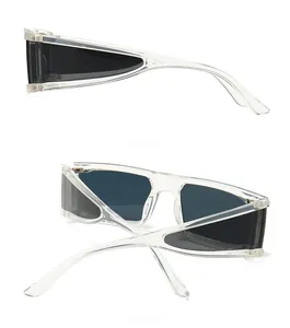 Side and back view of square sunglasses with thick transparent frames and dark lenses