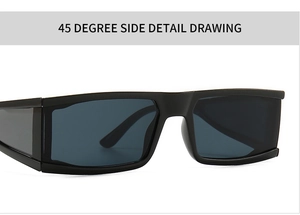 45-degree side view showing the thick frame and sleek temple design of black square sunglasses
