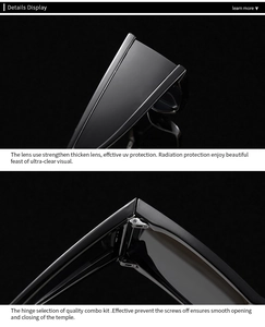 Detail of square sunglasses showing UV protection lenses and durable metal hinges