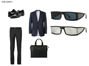Flat lay of men's business set including suit, leather shoes, briefcase and sunglasses