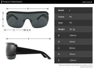 Detailed size chart for square frame sunglasses with precise lens and temple measurements