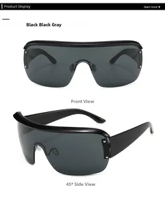 Front and side view of square oversized sunglasses with black frame and metal rivet details