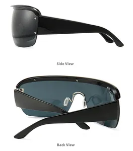 Side and rear view of black shield sunglasses with silver rivets and grey mono lens