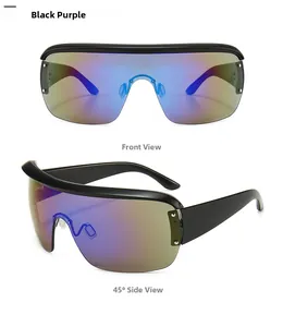 Front and side view of oversized sporty sunglasses with blue-purple gradient shield lens