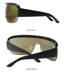 Detailed side and back view of oversized shield sunglasses with wide black temples