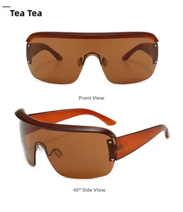 Front and side view of brown oversized shield sunglasses with a seamless flat top lens