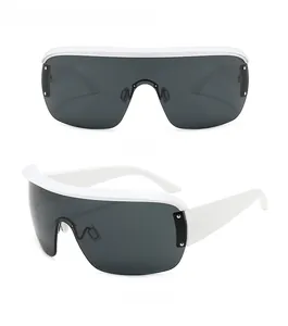 Front and side view of white square sunglasses with dark gray lenses and silver rivets