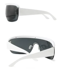 Side and back view of white oversized square sunglasses with dark grey flat lens