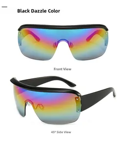 Close-up of black shield sunglasses with rainbow lenses and metal rivet details