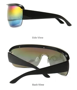 Detailed side and back view of oversized square sunglasses with colorful gradient lenses