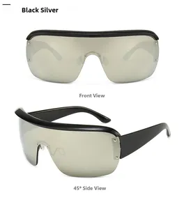 Front and 45-degree side views of futuristic oversized black sunglasses with silver mirrors