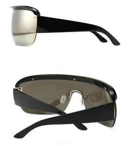 Side and back view of oversized shield sunglasses with silver mirrored lenses and black frame