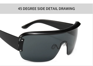 45-degree side view of black oversized shield sunglasses with stylish metal rivets