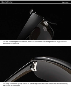 Detail view of reinforced metal hinges and nose pads on black UV protection sunglasses