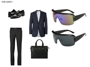 Flat lay of men's square oversized sunglasses with striped blazer and leather loafers