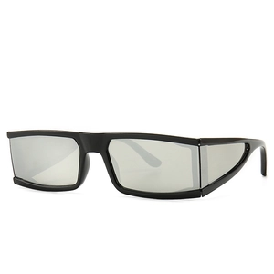 Minimalist rectangular black sunglasses with silver mirror lenses and futuristic side extensions