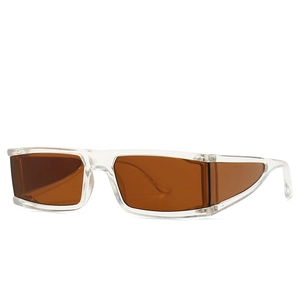 Modern rectangular sunglasses with transparent frames and brown lenses shown at 45-degree angle