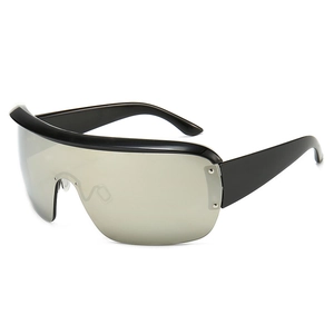 Futuristic black oversized shield sunglasses with silver mirrored lenses and wide temples