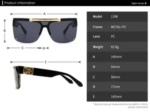 Size chart and dimensions for modern shield wrap sunglasses with metal frame specs