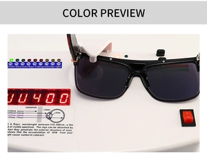 Close-up of black oversized sunglasses showing UV400 protection test on professional meter