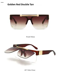 Detail view of retro flip-up sunglasses with golden red frame and double tan lenses