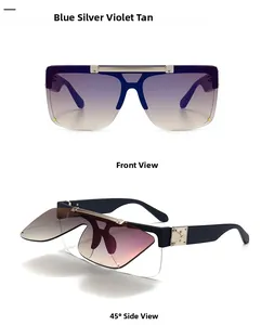 Front and side view of dual-layer flip-up oversized sunglasses with blue matte frames