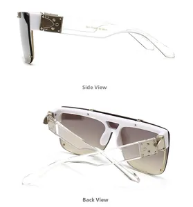 Side and back view of white frame mask sunglasses with clear temples and silver rivets